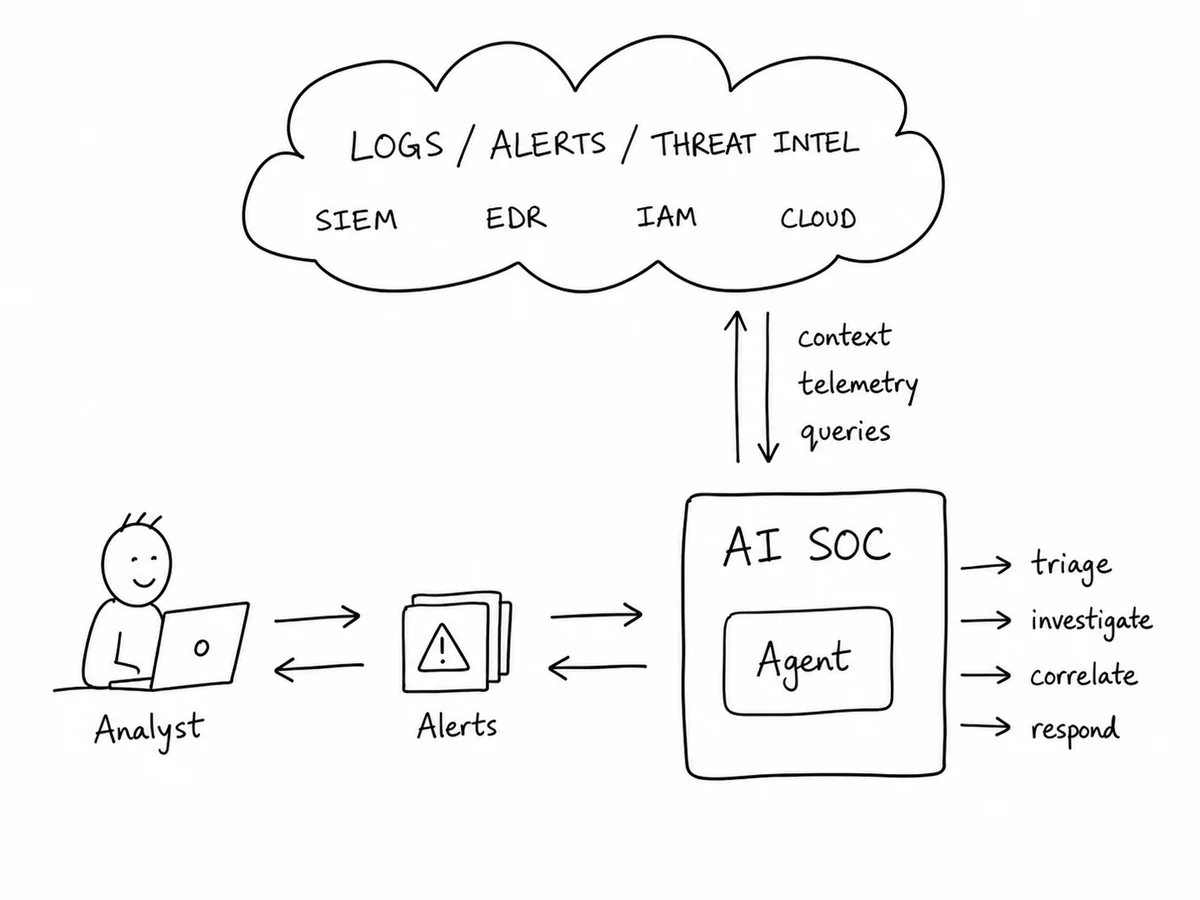 Diagram showing an AI SOC agent exchanging context with SIEM, EDR, IAM, and cloud systems, with an analyst supervising alerts and response